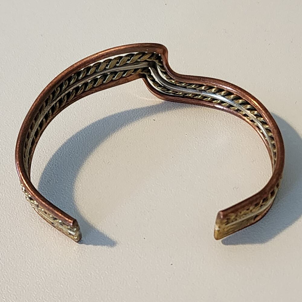 Vintage Taxco Tri Metal Wavy Cuff Bracelet Brass Silver Copper - Picture 3 of 8